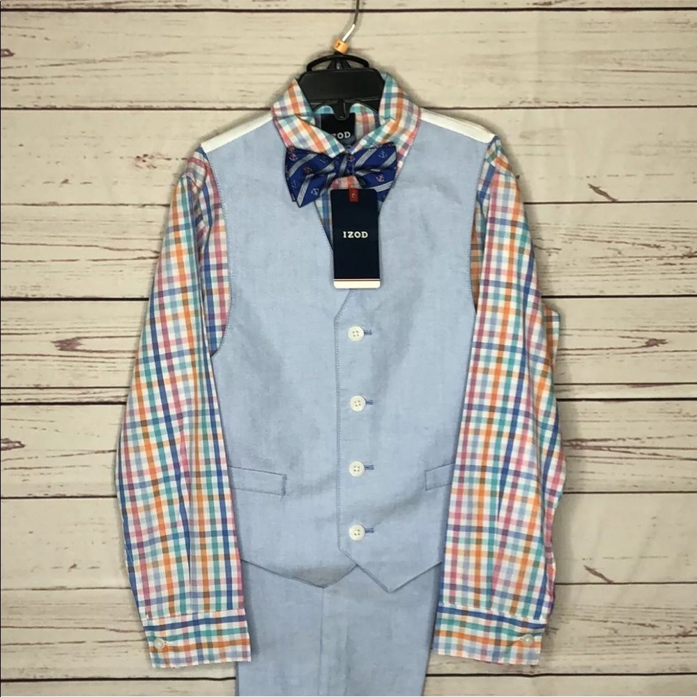 IZOD 4Pc Boys Sz 7 Blue Easter Dress Suit Wedding Pant Shirt Bow Tie Vest $54